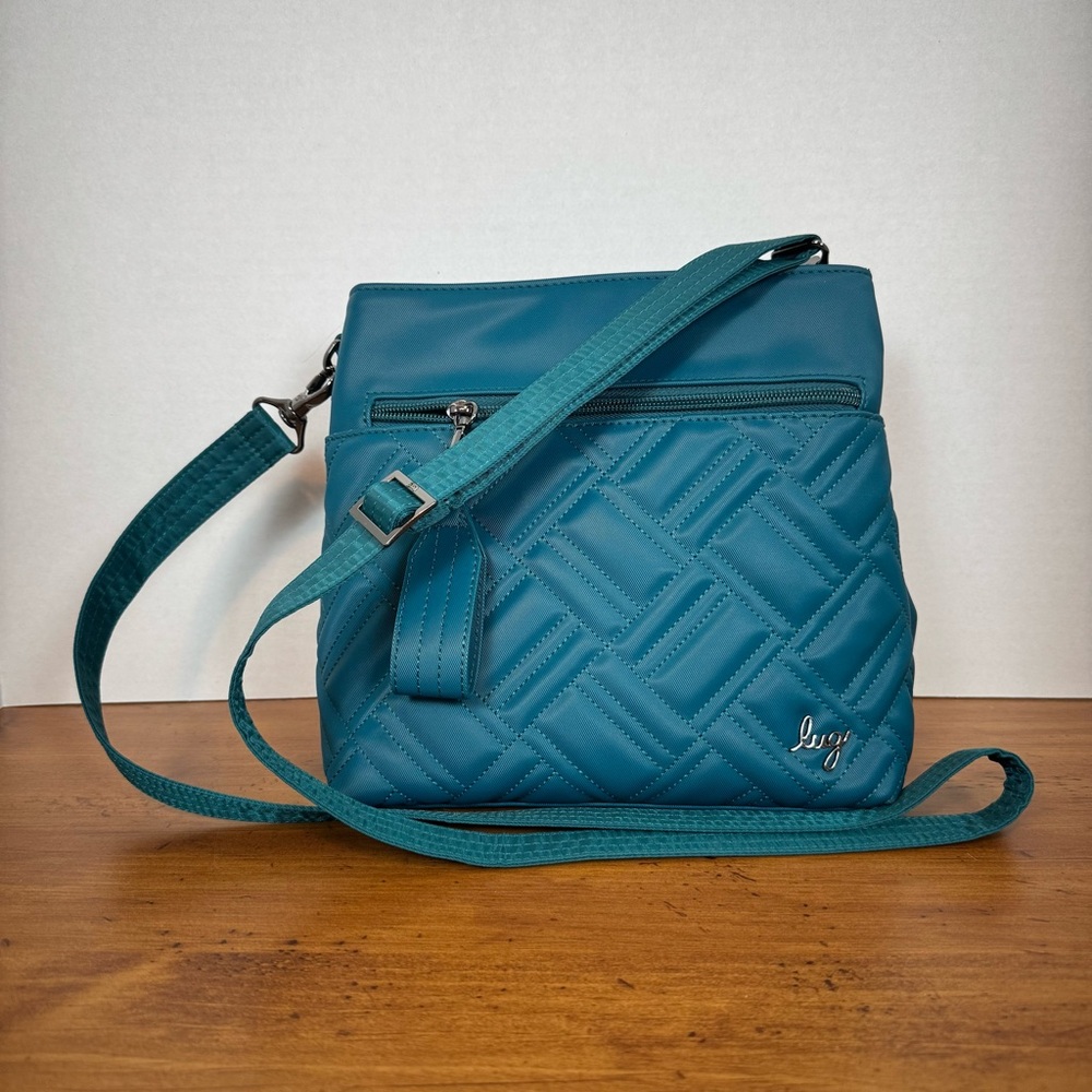 Lug Double Dip Quilted Teal/Blue Crossbody Bag Modern Design Satin Luxe - Picture 1 of 9